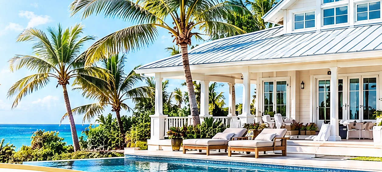 A white Bahamian home with a metal roof, deep veranda and pool, framed by coconut palms above the ocean